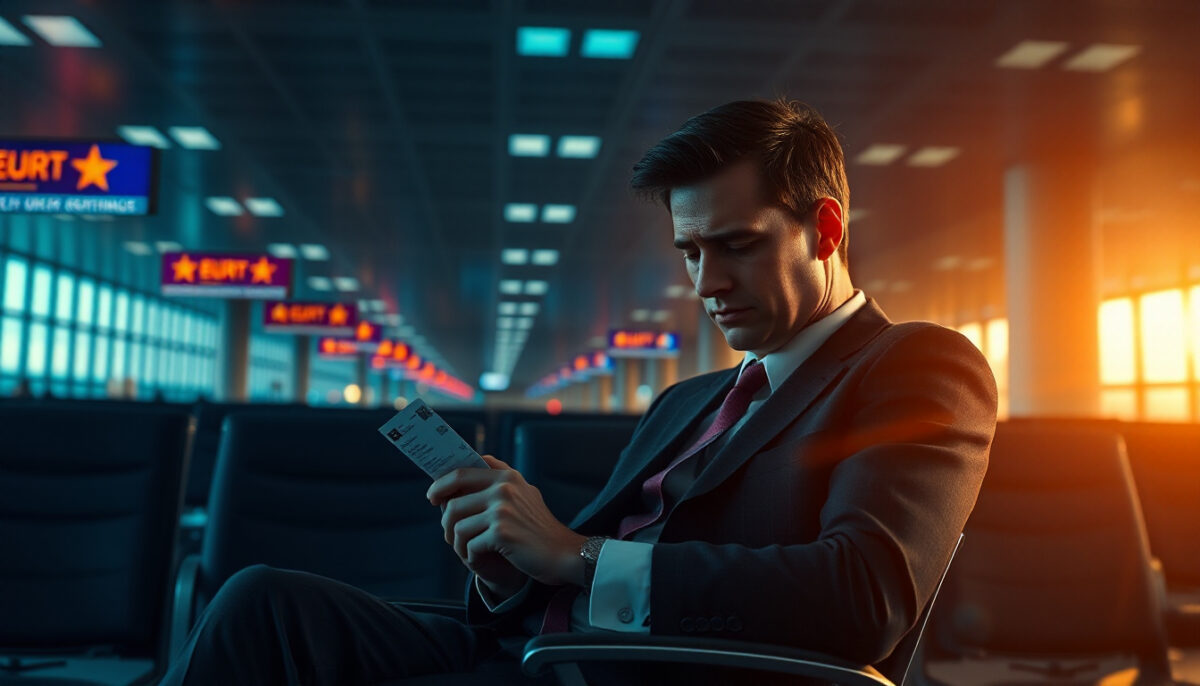 空港のターミナルで困った表情を浮かべる白人男性