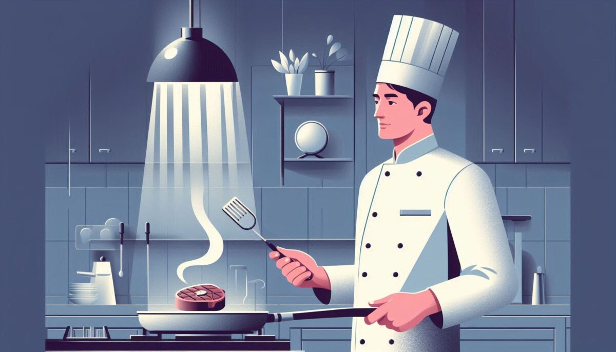 肉を焼くフレンチ料理のシェフ