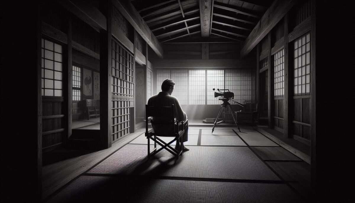 日本家屋の室内に座る映画監督